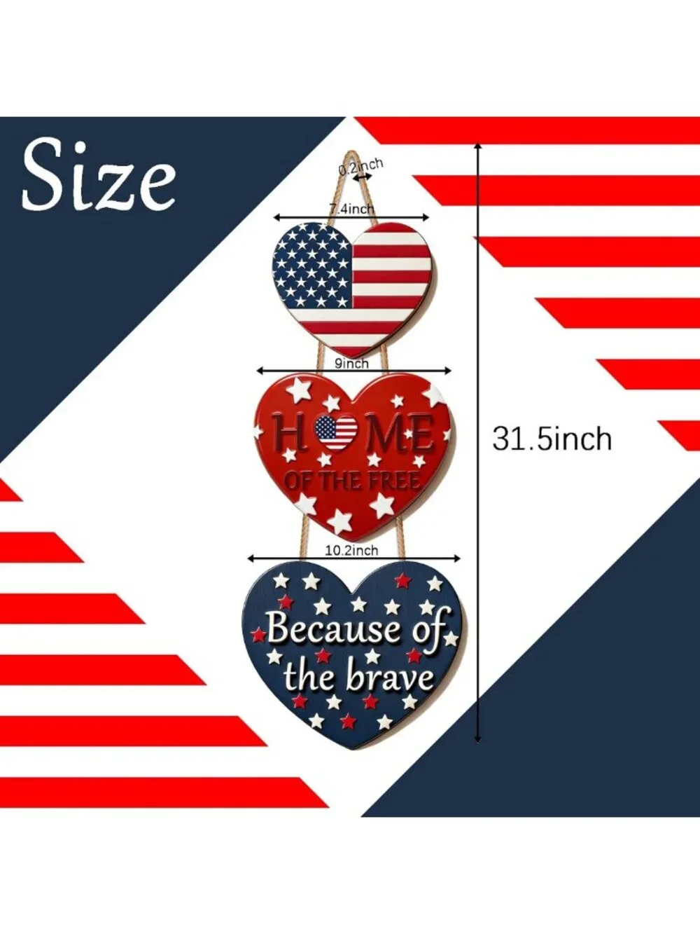 Patriotic 4th of July Door Sign - American Flag Heart Wreath for Indoor/Outdoor